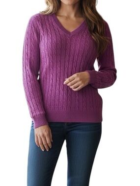 Tommy Hilfiger V-Neck Cable Knit Sweater Deep Pink Cotton Preppy Coastal Size XL